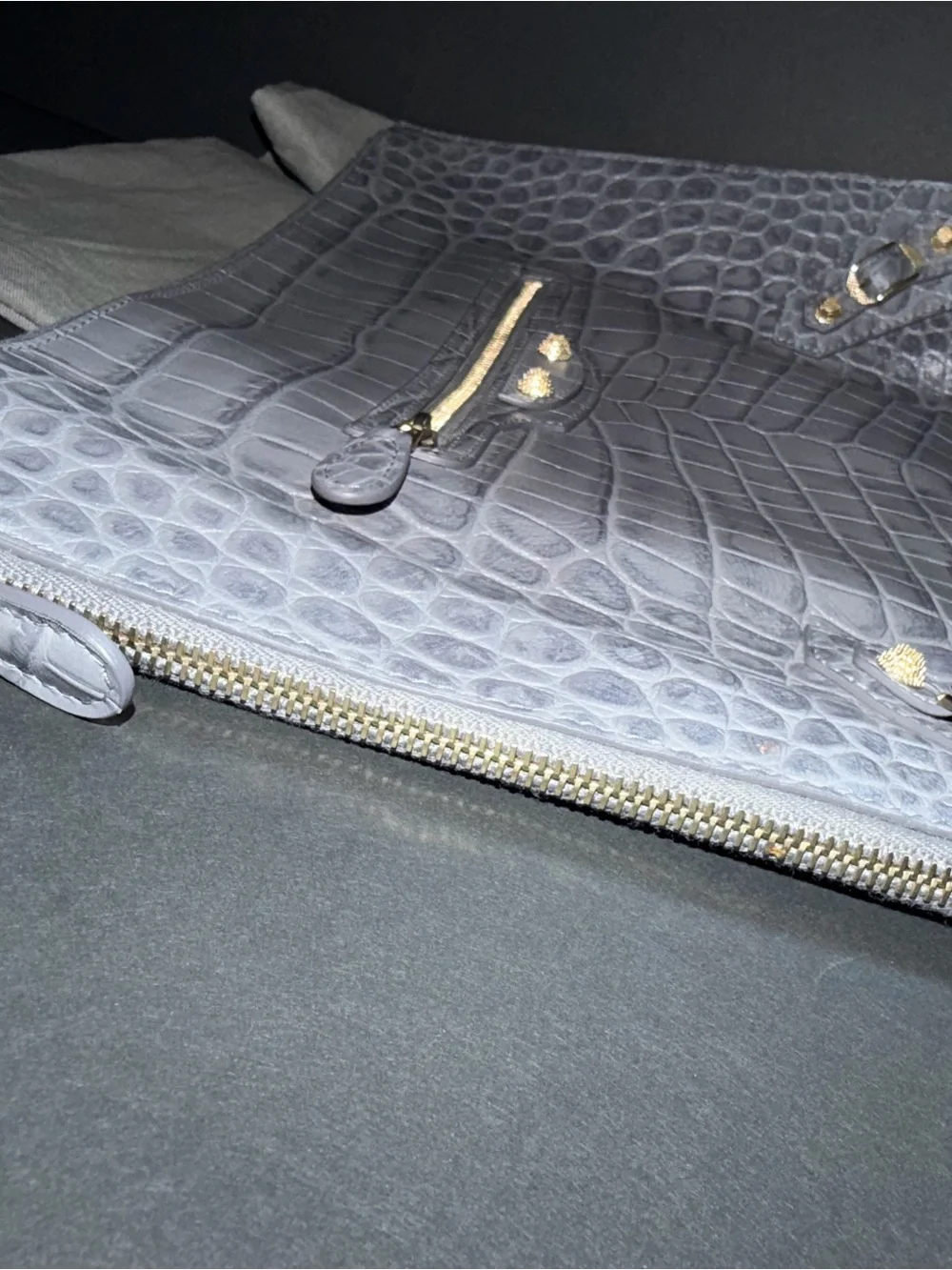 Balenciaga Croc-Embossed Leather Pouch in Slate Gray with Gold Hardware Auth COA